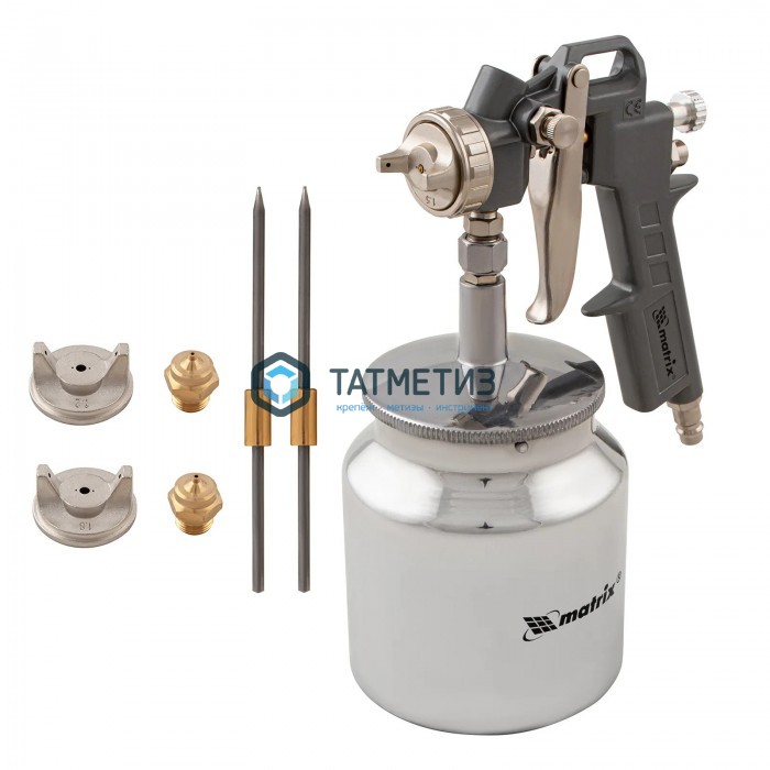 Краскораспылитель пневмат. с нижним бачком V=0,75 л, сопла диаметром 1.2, 1.5 и 1.8 мм// Matrix Краскораспылитель пневмат. с нижним бачком V=0,75 л, сопла диаметром 1.2, 1.5 и 1.8 мм// Matrix